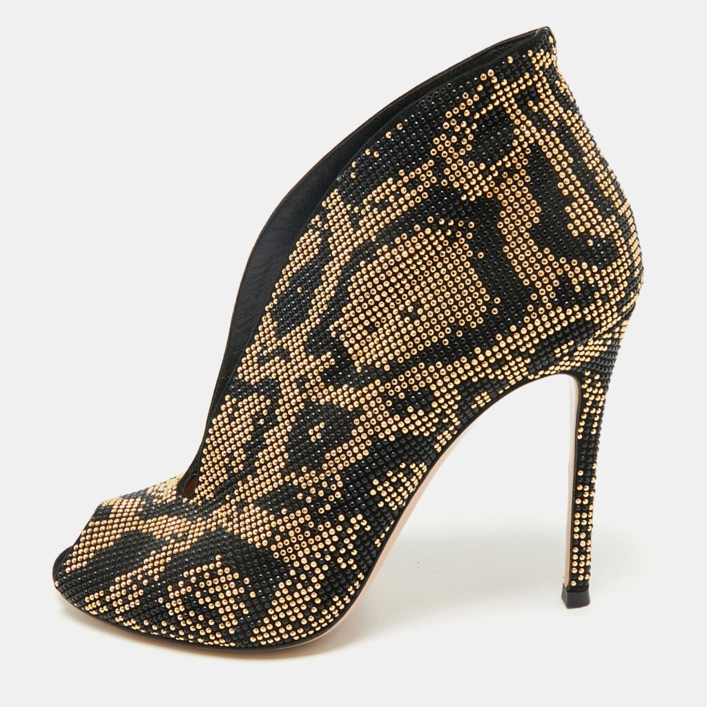 Gianvito Rossi Black/Gold Crystal Embellished and Suede Vamp Peep Toe Booties Size 39 Gianvito Rossi Black/Gold Crystal Embellished and Suede Vamp Peep Toe Booties Size 39