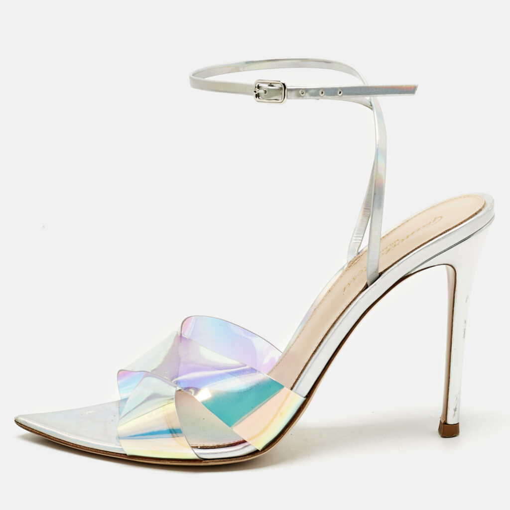 Gianvito Rossi Multicolor Iridescent Leather and PVC Plexi Stark Sandals Size 38