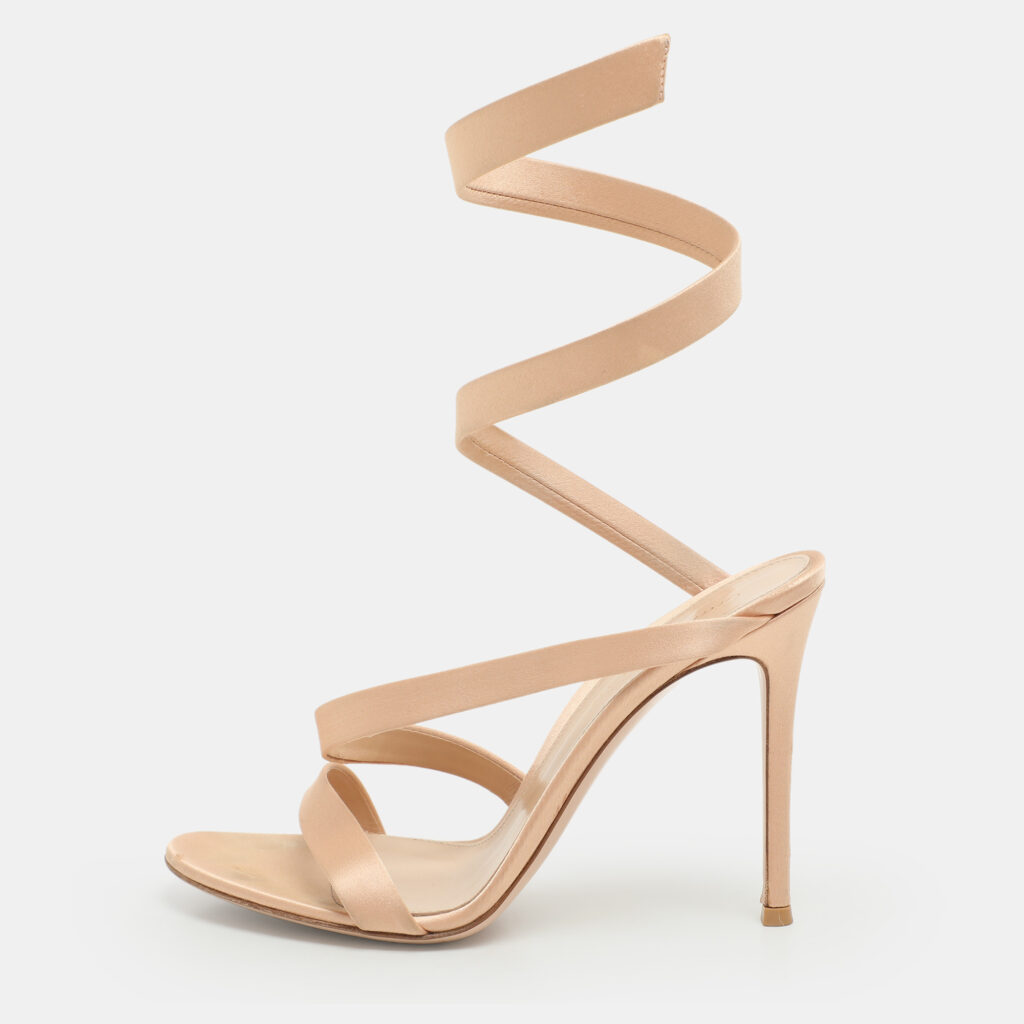 Gianvito Rossi Beige Satin Opera Twirl Ankle Wrap Sandals Size 38.5