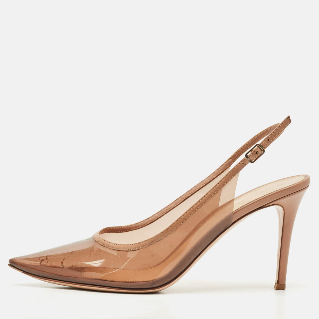 Gianvito Rossi Brown Leather and PVC Kyle Pointed Toe Slingback Pumps Size 41.5