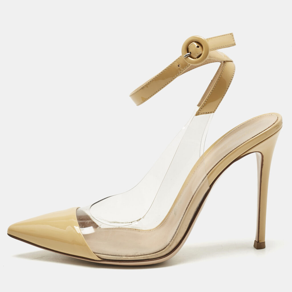 Gianvito Rossi Beige/Transparent Leather And PVC Anise Pointed Toe Ankle Strap Sandals Size 39