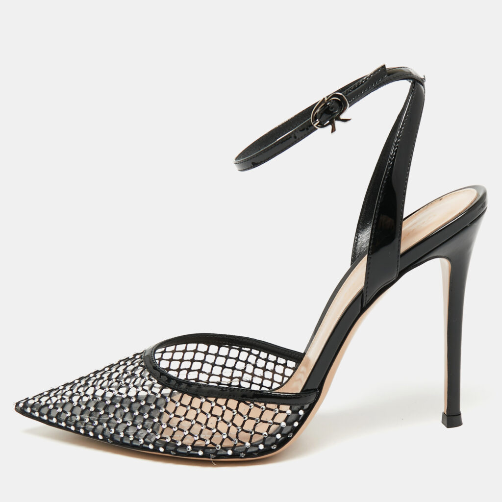 Gianvito Rossi Black Mesh and PVC Crystal Embellished Pointed Toe Ankle Strap Pumps Size 39 Gianvito Rossi Black Mesh and PVC Crystal Embellished Pointed Toe Ankle Strap Pumps Size 39