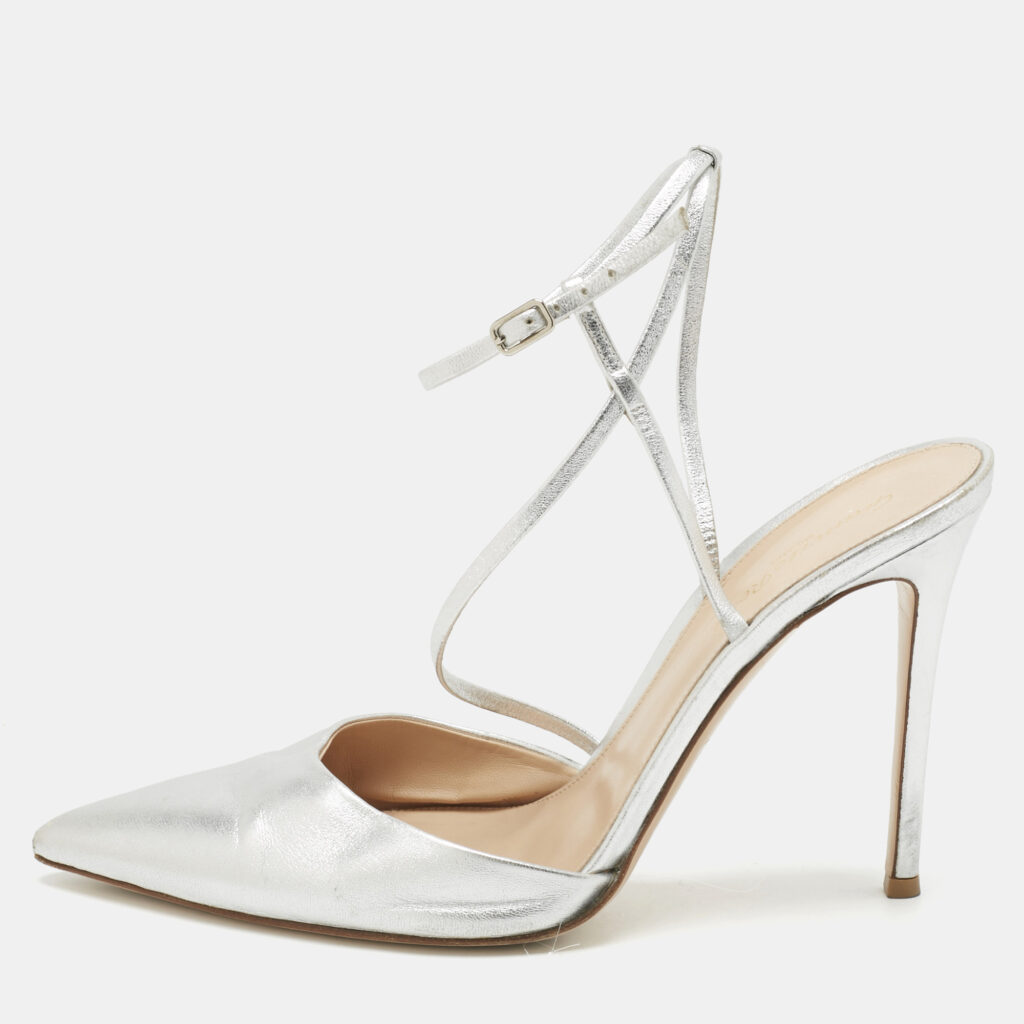 Gianvito Rossi Silver Leather Pointed Toe Ankle Strap Pumps Size 41 Gianvito Rossi Silver Leather Pointed Toe Ankle Strap Pumps Size 41