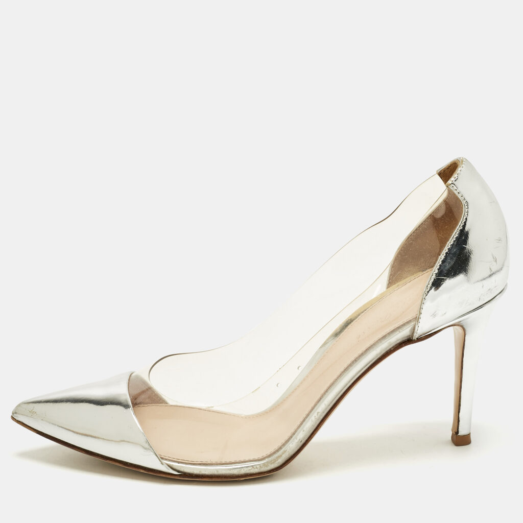 Gianvito Rossi Silver/Transparent Leather and PVC Plexi Pumps Size 38.5
