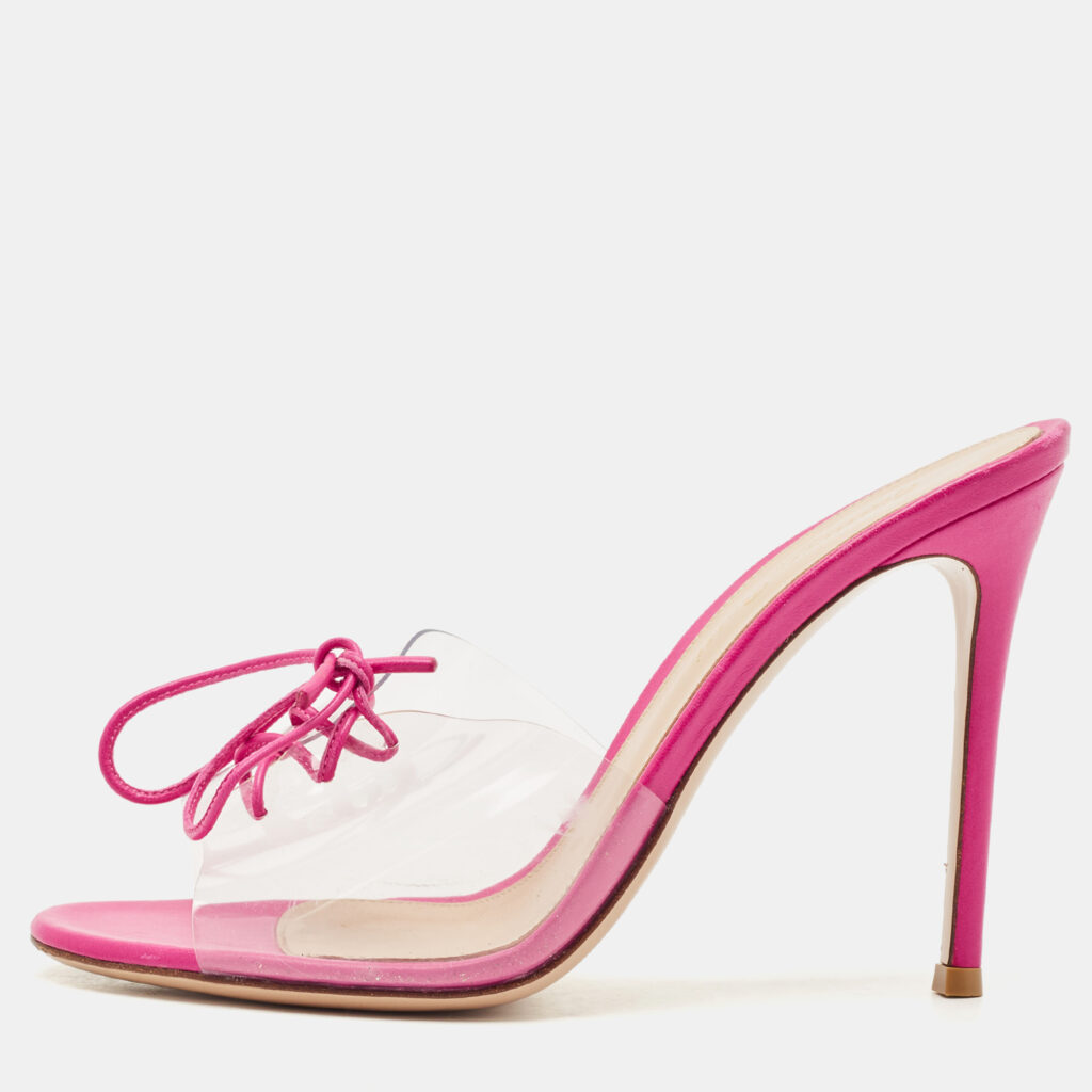 Gianvito Rossi Transparent/Pink PVC and Leather Lace Up Slide Sandals Size 39 Gianvito Rossi Transparent/Pink PVC and Leather Lace Up Slide Sandals Size 39
