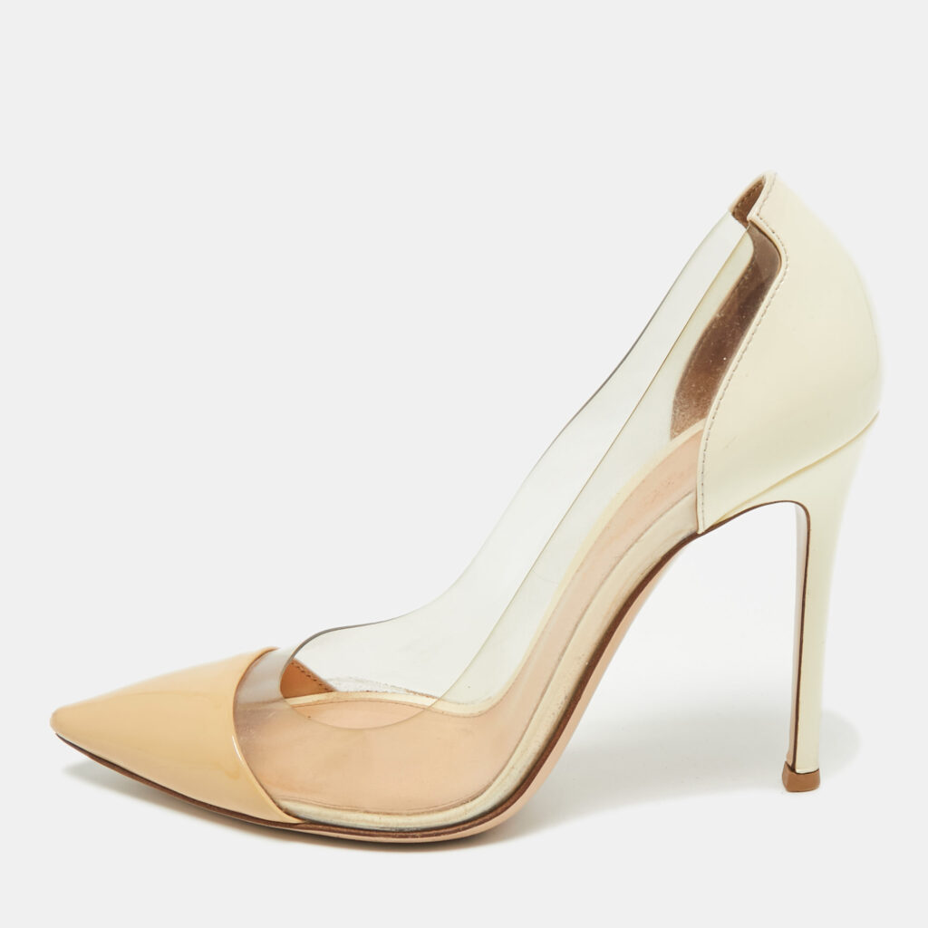 Gianvito Rossi Beige/Transparent Patent Leather and PVC Plexi Pointed Toe Pumps Size 36