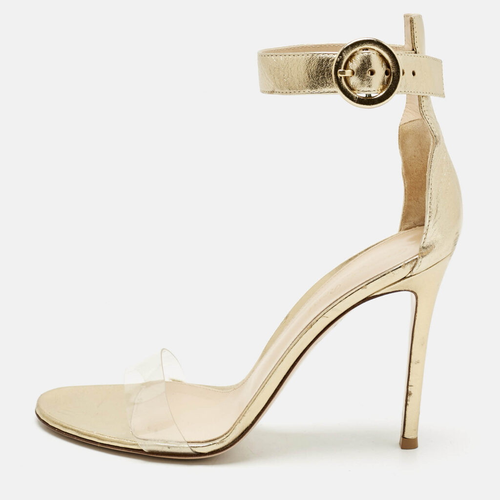 Gianvito Rossi Gold Leather and PVC Stella Ankle Strap Sandals Size 39