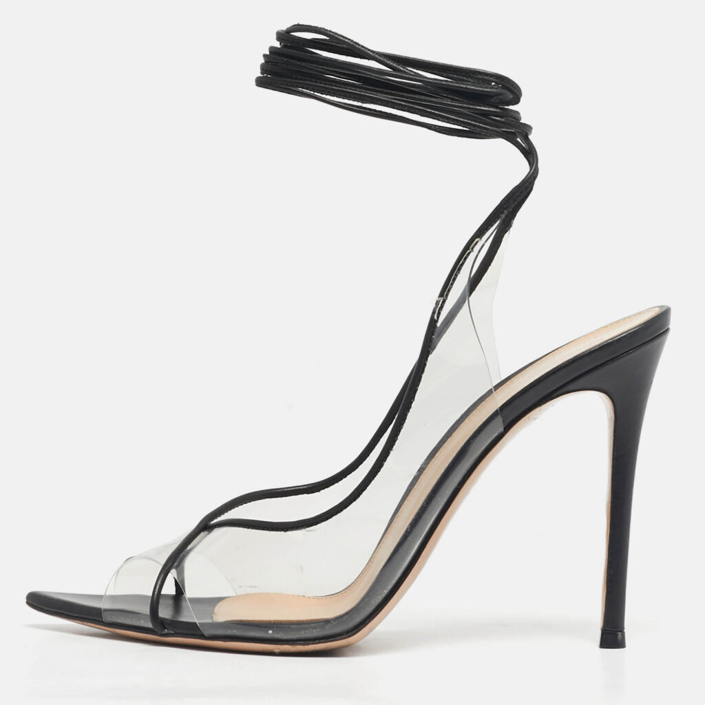 Gianvito Rossi Transparent/Black Leather and PVC Plexi Ankle Wrap Sandals Size 39