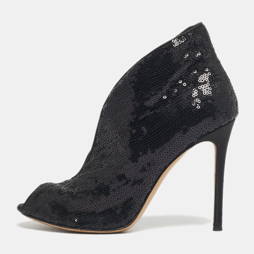Gianvito Rossi Black Satin and Sequins Vamp Peep Toe Booties Size 38 Gianvito Rossi Black Satin and Sequins Vamp Peep Toe Booties Size 38