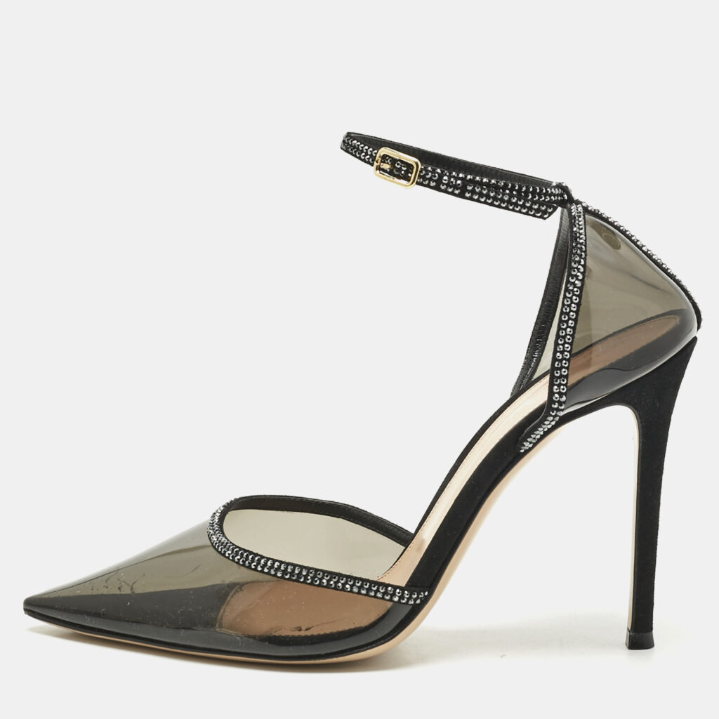 Gianvito Rossi Black PVC and Leather Crystal Embellished Ankle Strap Pumps Size 38