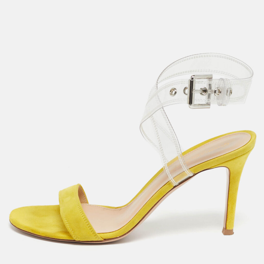 Gianvito Rossi Yellow/Transperent PVC and Suede Stella Ankle Strap Sandals Size 37.5 Gianvito Rossi Yellow/Transperent PVC and Suede Stella Ankle Strap Sandals Size 37.5