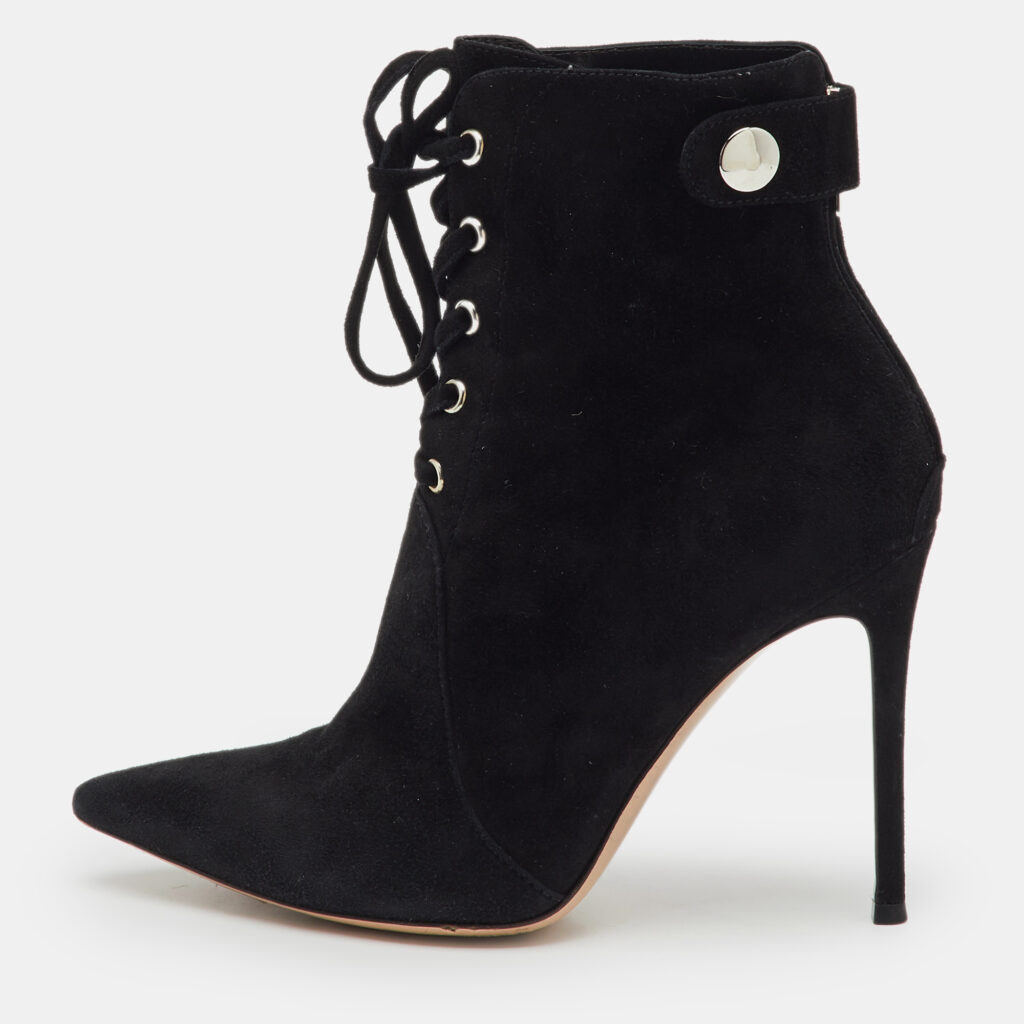 Gianvito Rossi Black Suede Pointed Toe Lace Up Ankle Length Boots Size 38
