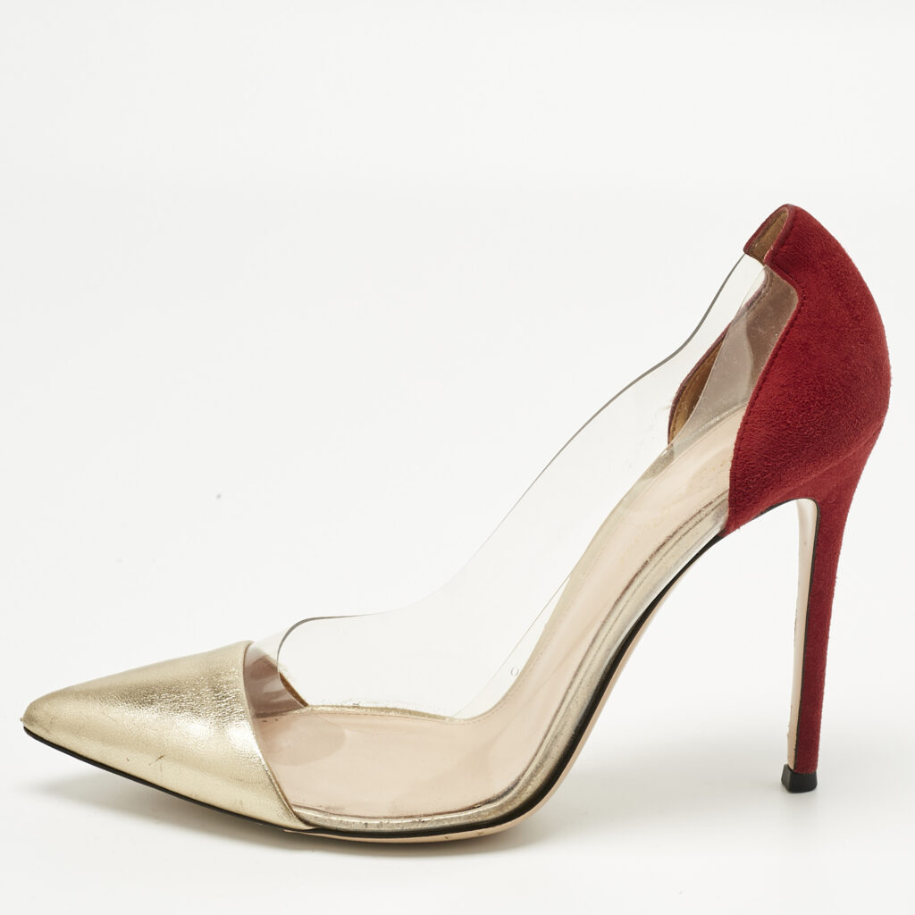 Gianvito Rossi Burgundy/Gold PVC and Leather Plexi Pumps Size 39