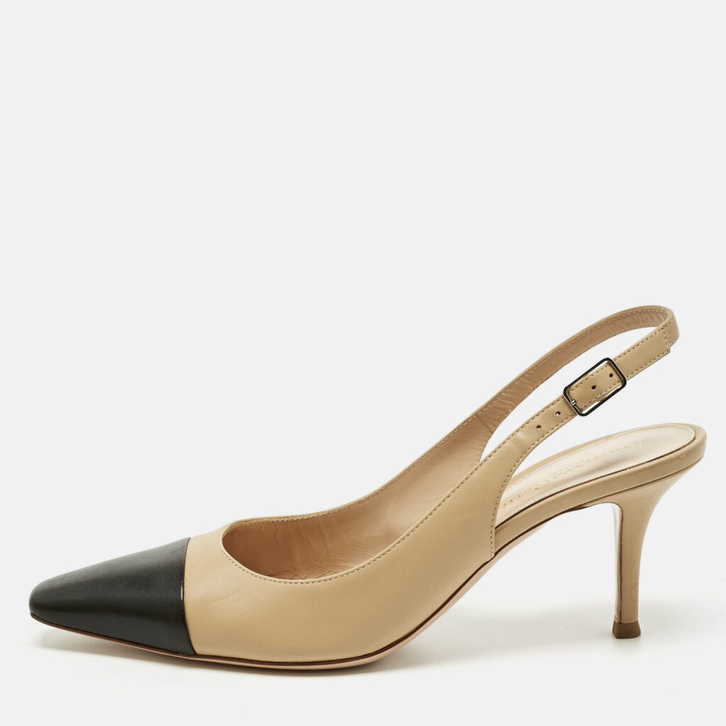 Gianvito Rossi Beige/Black Leather Cap Toe Lucy Slingback Pumps Size 38