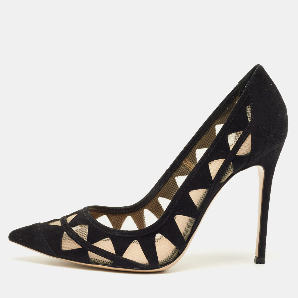 Gianvito Rossi Black Suede and Mesh Maxine Laser Cut Pointed Toe Pumps Size 40