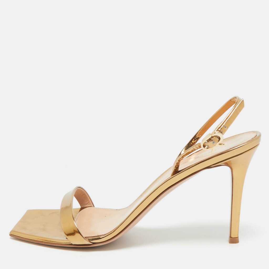 Gianvito Rossi Gold Foil Leather Ribbon Stiletto Ankle Strap Sandals Size 41