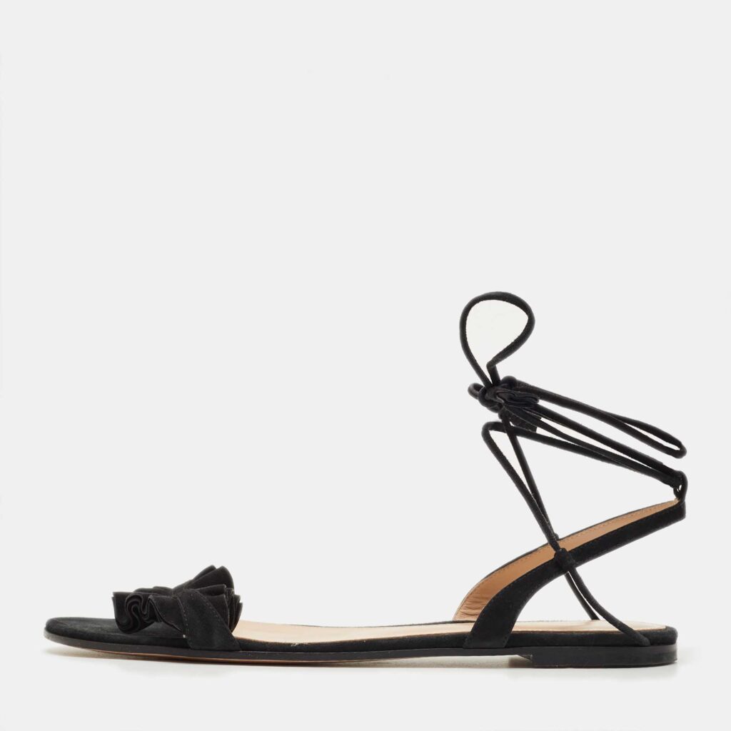 Gianvito Rossi Black Suede Ruffle Detail Ankle Wrap Flat Sandals Size 41