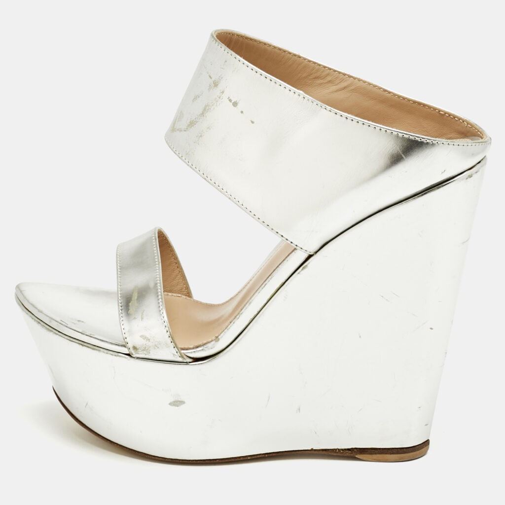 Gianvito Rossi Silver Leather Wedge Sandals Size 36