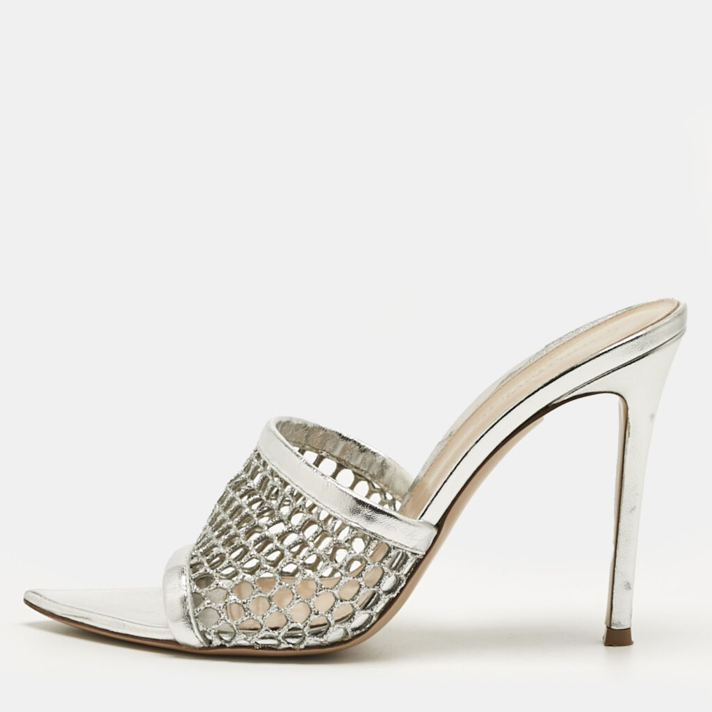Gianvito Rossi Silver Leather and Metallic Mesh Alisia Slide Sandals Size 39