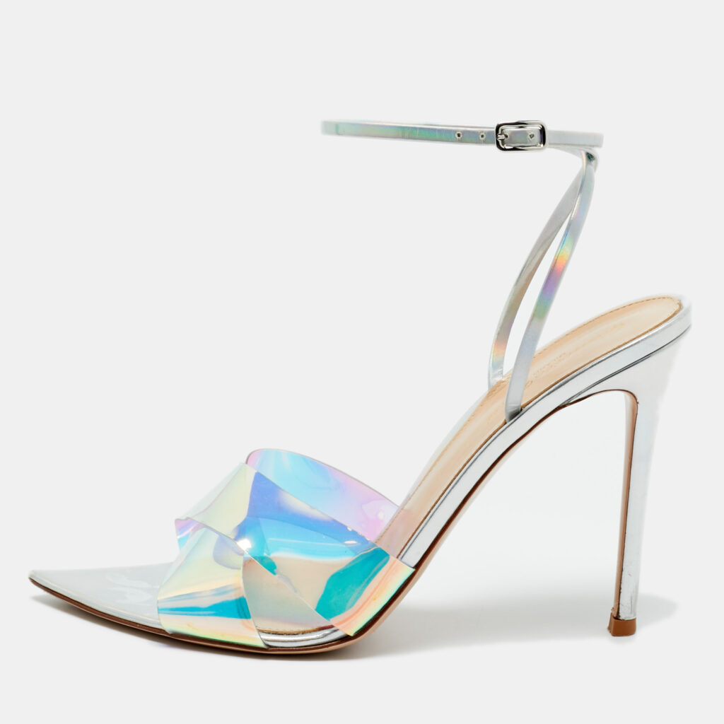 Gianvito Rossi Iridescent Silver Patent Leather and PVC Plexi Stark Ankle Strap Sandals Size 40 Gianvito Rossi Iridescent Silver Patent Leather and PVC Plexi Stark Ankle Strap Sandals Size 40