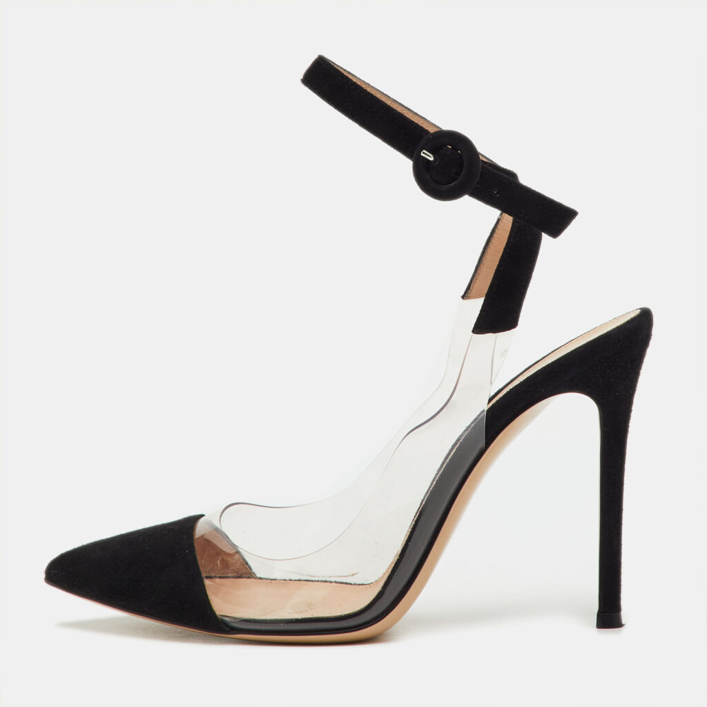 Gianvito Rossi Black/Transparent Suede and PVC Anise Ankle Strap Pumps Size 37