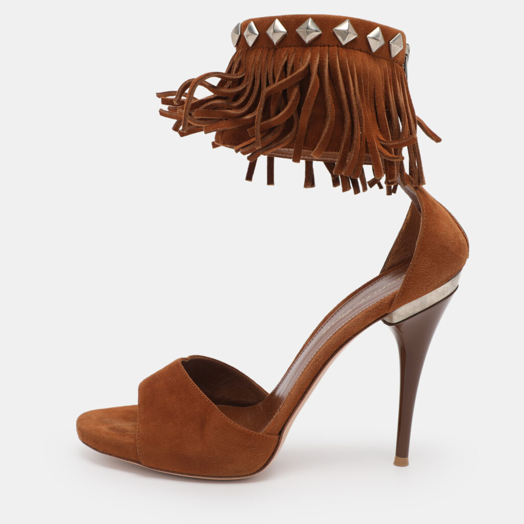 Gianvito Rossi Brown Suede Fringe Ankle Wrap Sandals Size 38.5