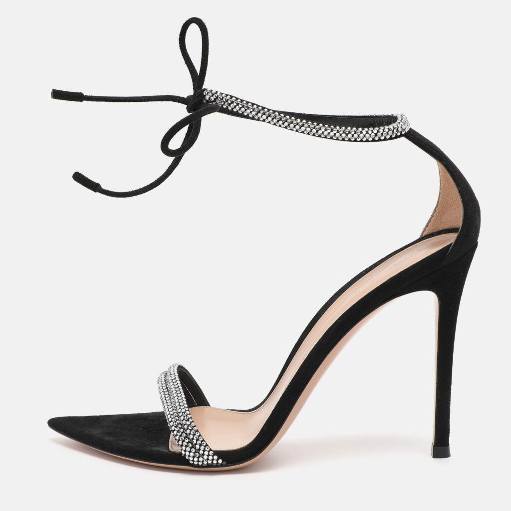 Gianvito Rossi Black Suede Montecarlo Crystal Embellished Ankle Strap Sandals Size 39 Gianvito Rossi Black Suede Montecarlo Crystal Embellished Ankle Strap Sandals Size 39