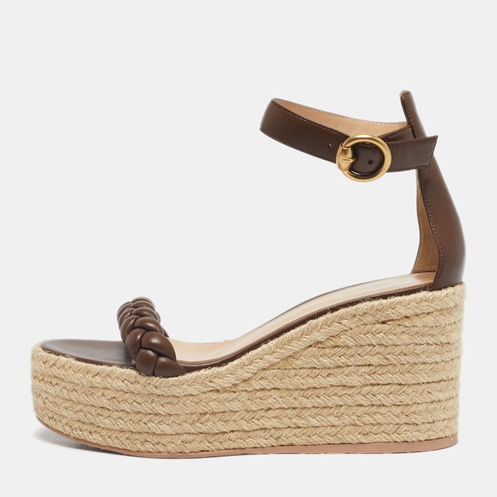 Gianvito Rossi Brown Braided Leather Merida Espadrille Wedge Sandals Size 36.5