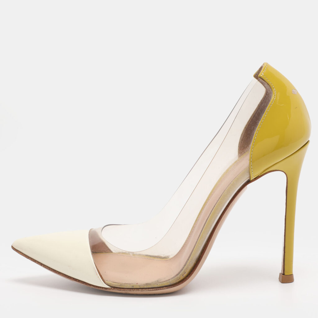 Gianvito Rossi Cream/Yellow Patent Leather And PVC Plexi Pointed Toe Pumps Size 35 Gianvito Rossi Cream/Yellow Patent Leather And PVC Plexi Pointed Toe Pumps Size 35