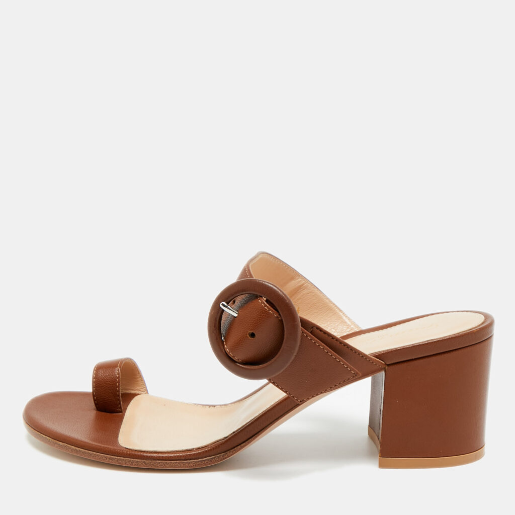 Gianvito Rossi Brown Leather Ring Toe Block Heel Slide Sandals Size 36.5