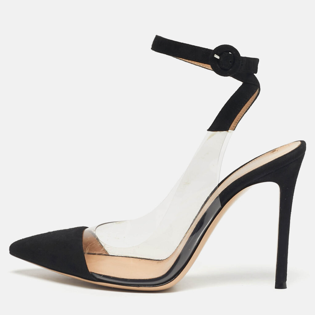 luxury-women-gianvito-rossi-used-shoes-p1244678-010.jpg Gianvito Rossi Black Suede and PVC Anise Ankle Strap Pumps Size 38