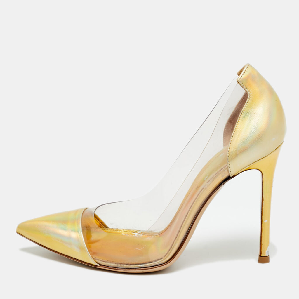 Gianvito Rossi Gold/Transparent Patent Leather And PVC Plexi Pointed Toe Pumps Size 35