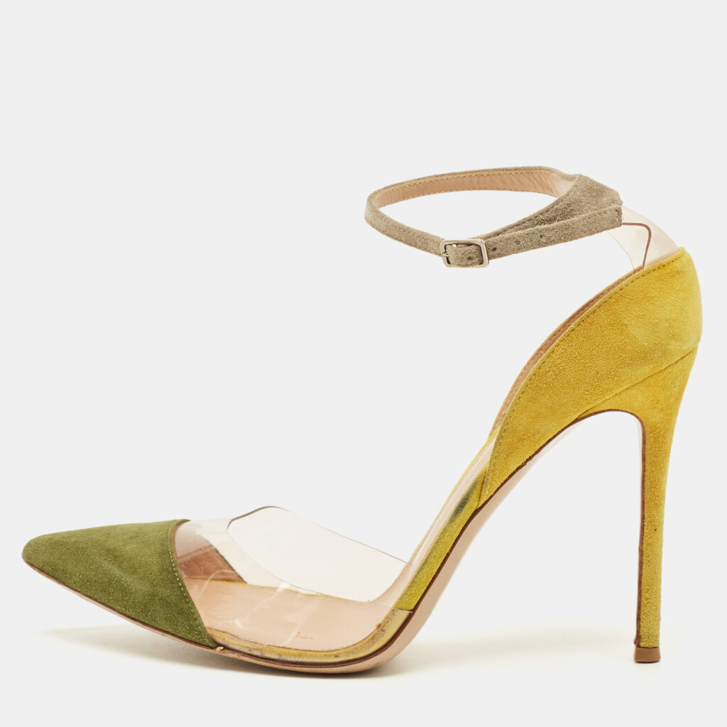 Gianvito Rossi Size 39.5 Olive Green/Yellow PVC and SuedeAnkle Strap Pumps