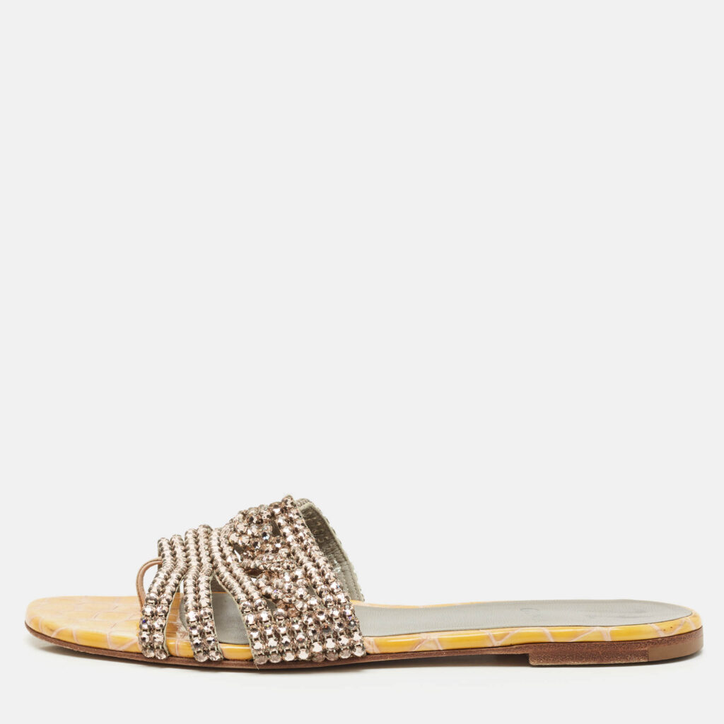 Gina Yellow Croc Embossed Leather Crystal Embellished Loren Flat Sandals Size 39