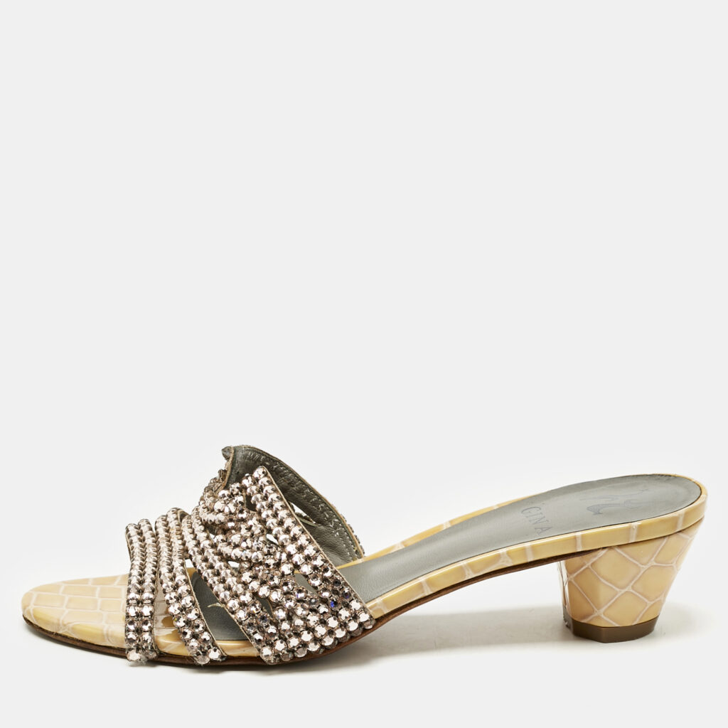 Gina Gold Croc Embossed Patent Leather and Leather Vida Crystals Slide Sandals Size 38.5