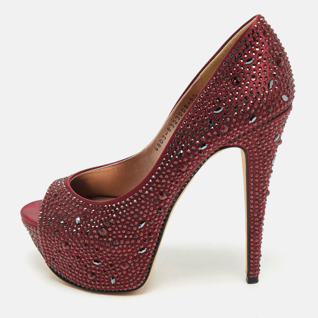 Gina Burgundy Satin Crystal Embellished Peep Toe Platform Pumps Size 39.5