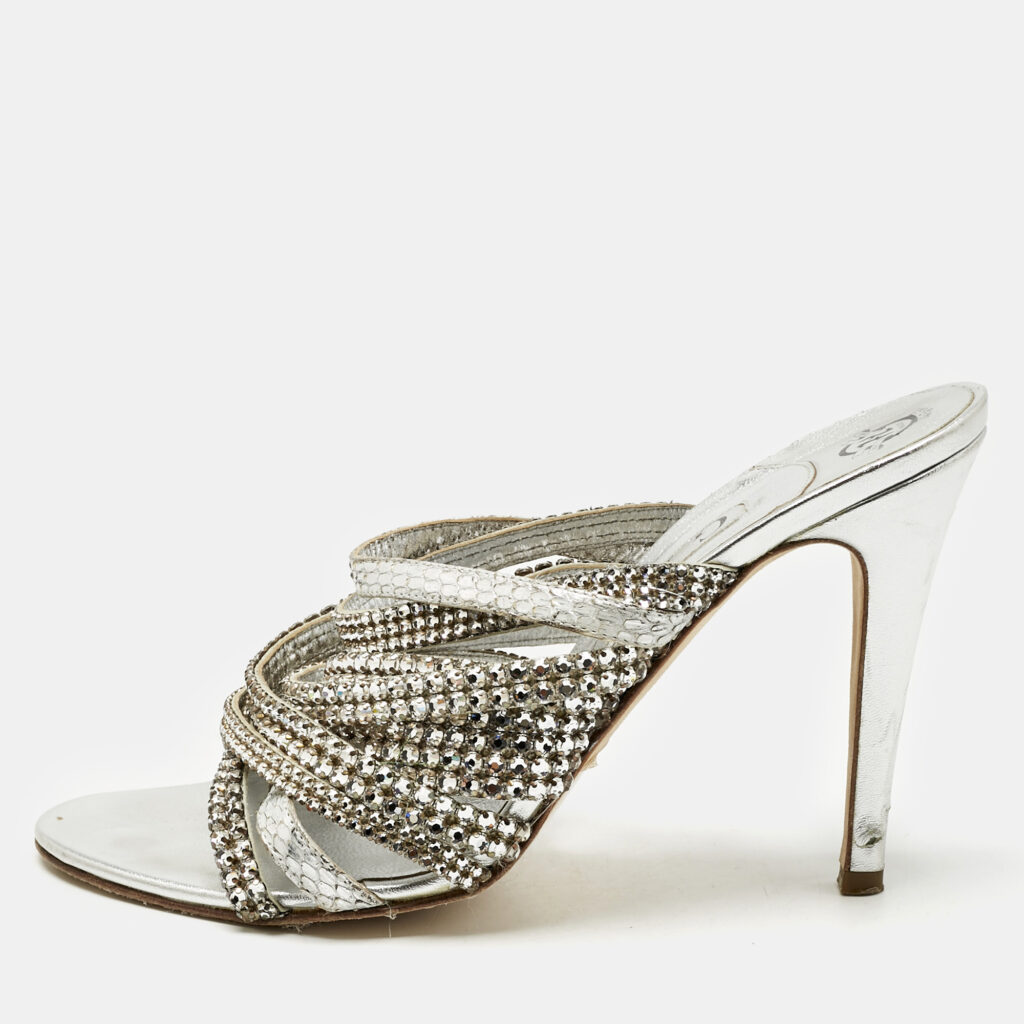 Gina Silver Leather and Snakeskin Embossed Crystal Embellished Slide Sandals Size 39.5 Gina Silver Leather and Snakeskin Embossed Crystal Embellished Slide Sandals Size 39.5