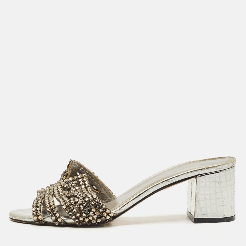 Gina Silver Croc Embossed Leather Crystal Embellished Slide Sandals Size 38.5 Gina Silver Croc Embossed Leather Crystal Embellished Slide Sandals Size 38.5