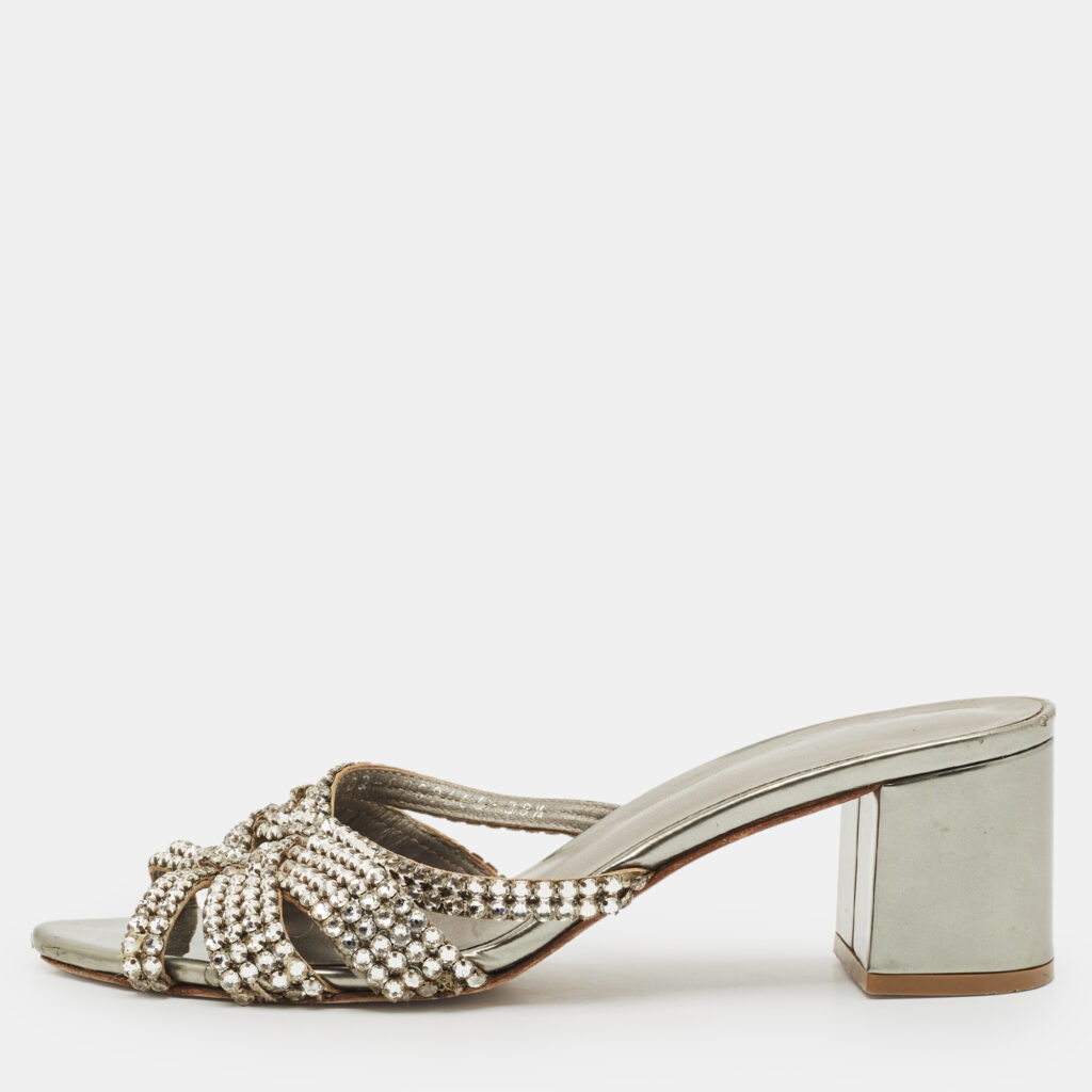 Gina Metallic Grey Patent Crystal Embellished Leather Slide Sandals Size 38.5 Gina Metallic Grey Patent Crystal Embellished Leather Slide Sandals Size 38.5