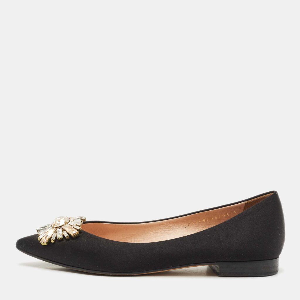 Gina Black Satin Crystal Embellished Ballet Flats Size 38