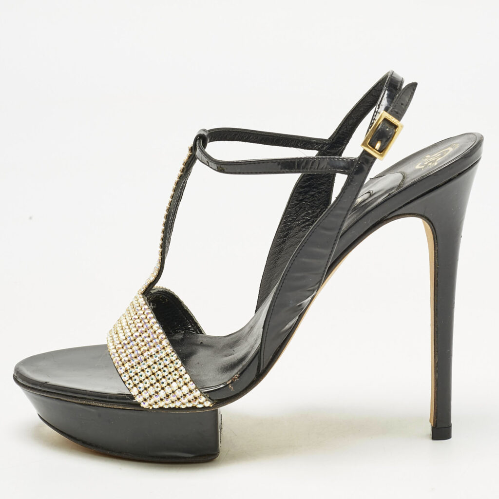Gina Black Patent Leather Crystal Embellished T-Strap Sandals Size 40 Gina Black Patent Leather Crystal Embellished T-Strap Sandals Size 40
