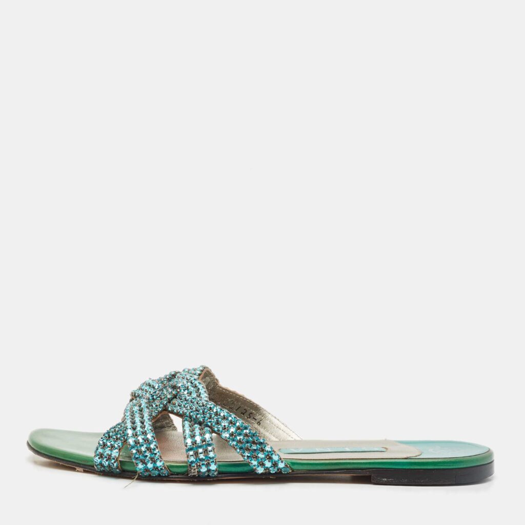 Gina Green Crystals and Leather Slide Sandals Size 38 Gina Green Crystals and Leather Slide Sandals Size 38
