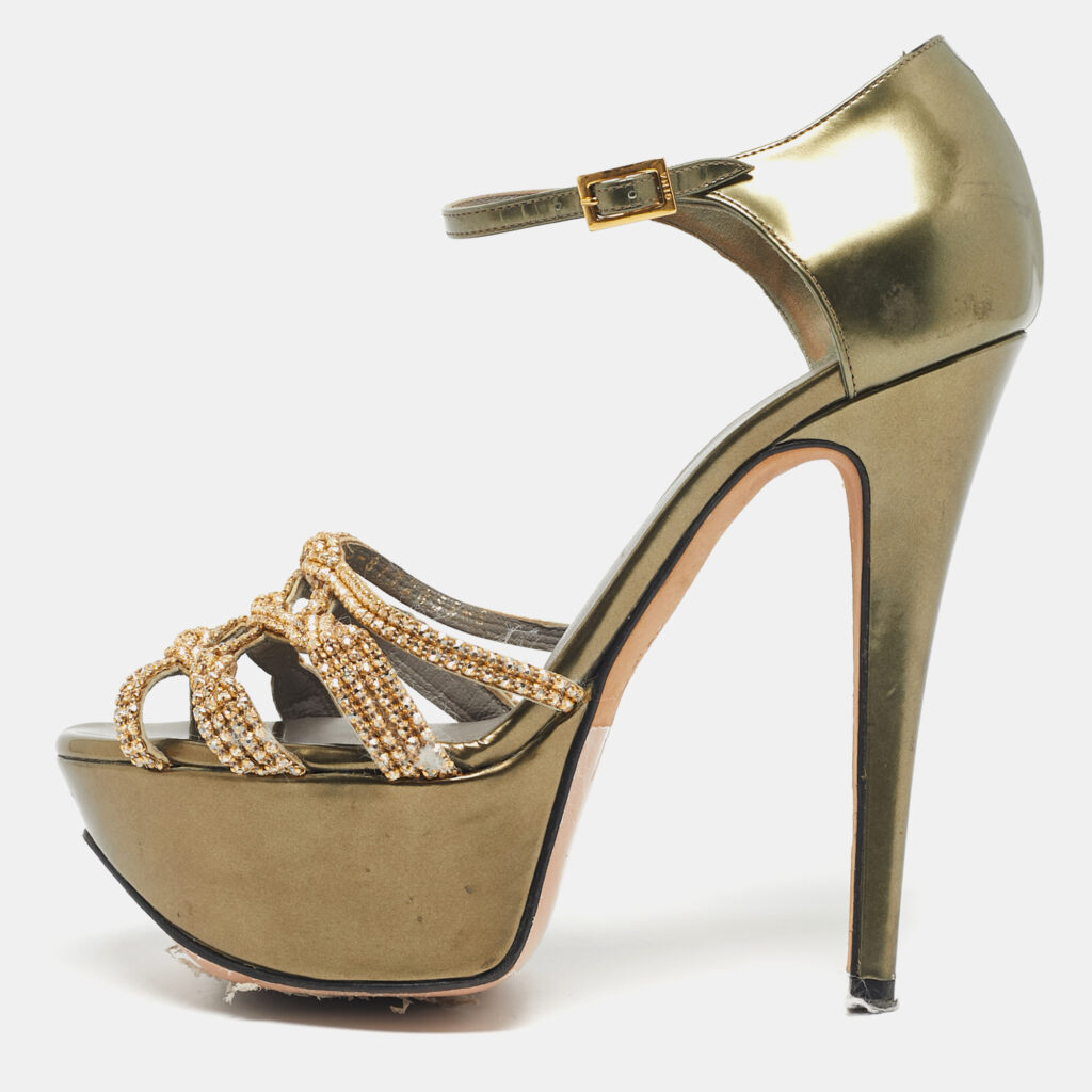 Gina Green Patent Leather Crystal Embellished Ankle Strap Platform Sandals Size 38 Gina Green Patent Leather Crystal Embellished Ankle Strap Platform Sandals Size 38