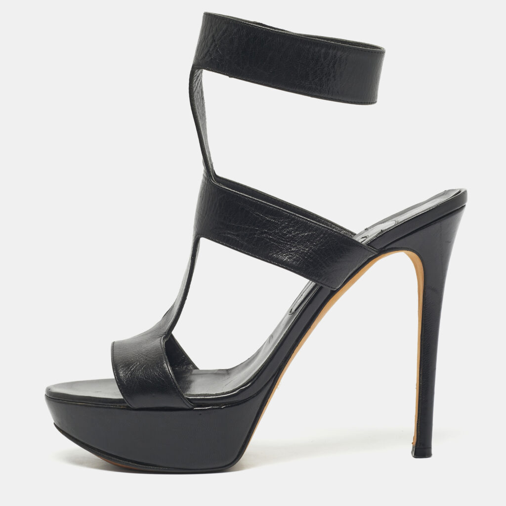 Gina Black Leather Platform Ankle Strap Sandals Size 40