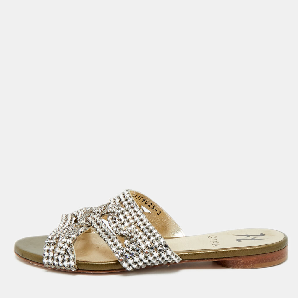 Gina Silver Crystal Embellished Leather Flat Slides Size 36