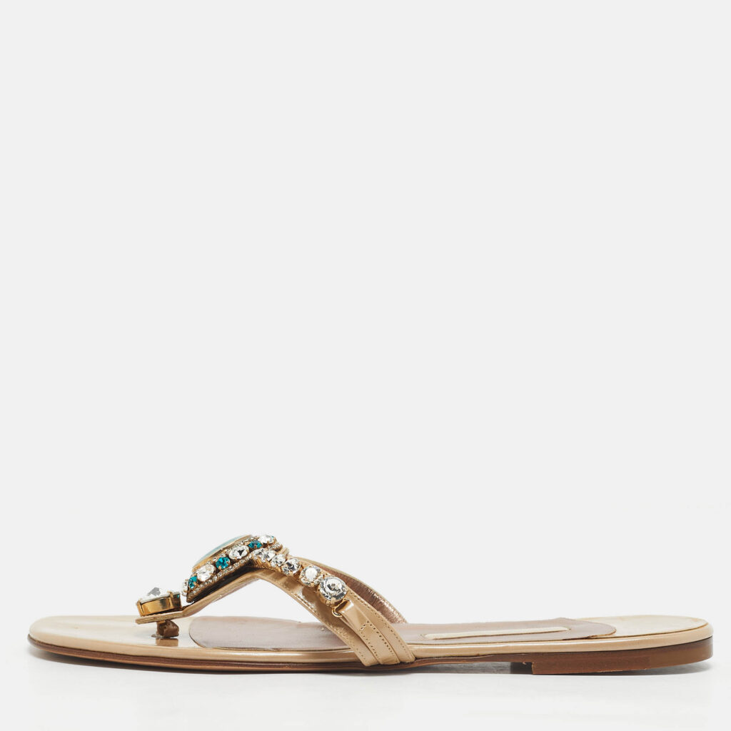 Gina Beige Patent Crystal Embellished Thong Slide Sandals Size 41 Gina Beige Patent Crystal Embellished Thong Slide Sandals Size 41