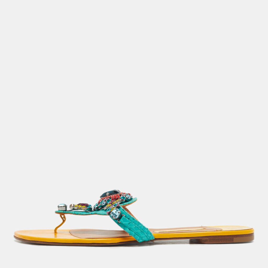 Gina Yellow/Green Patent Leather and Snakeskin Crystals Embellished Thong Flats Size 40.5