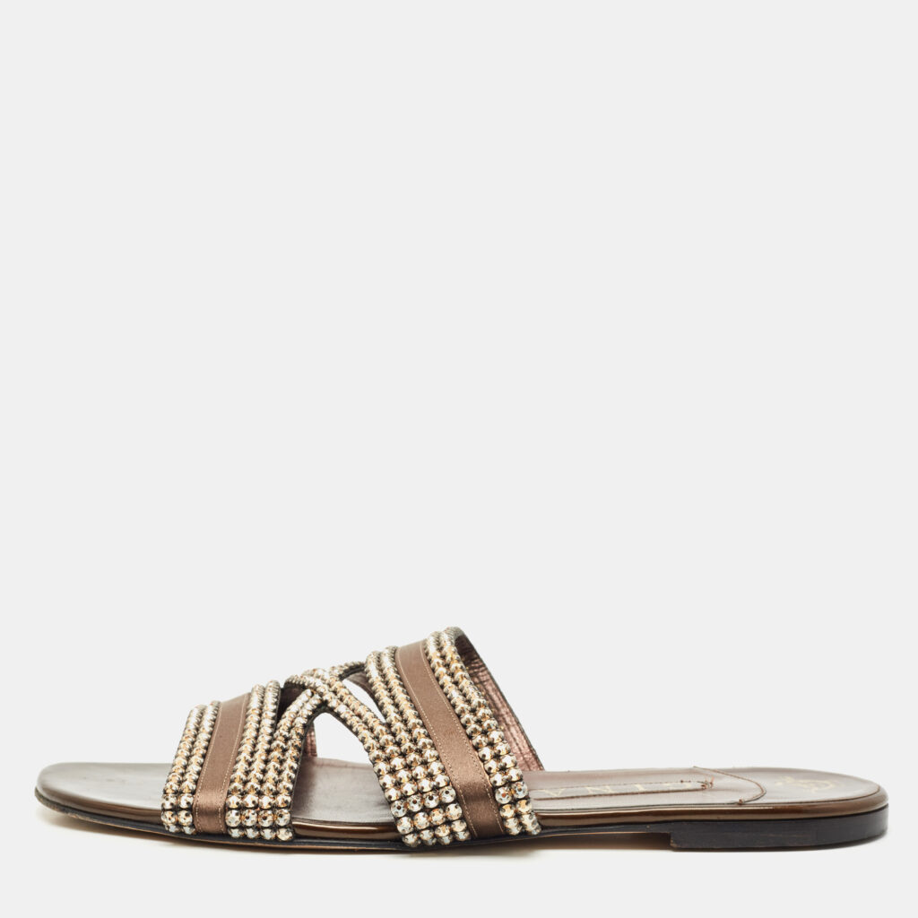 Gina Brown Leather Crystal Embellished Flat Slides Size 41 Gina Brown Leather Crystal Embellished Flat Slides Size 41