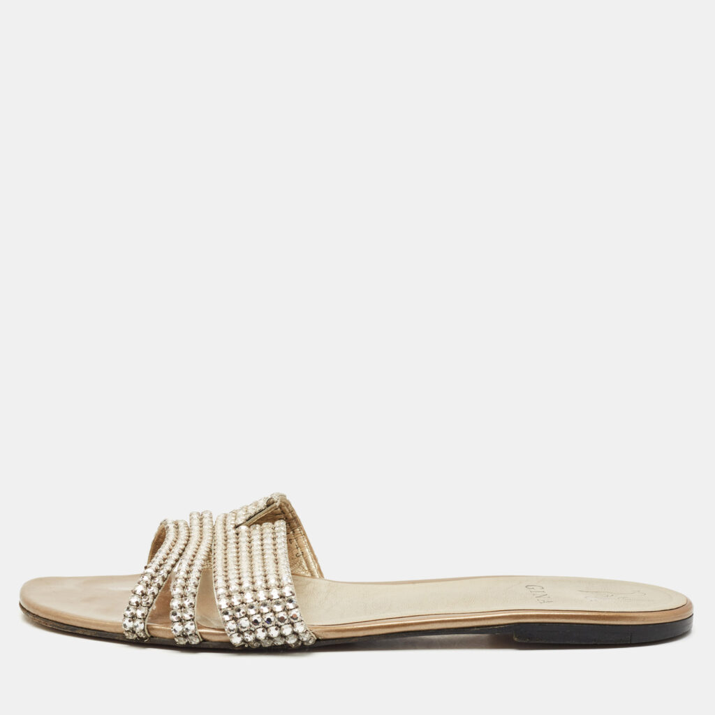 Gina Gold Leather Crystal Embellished Loren Flat Slides Size 41 Gina Gold Leather Crystal Embellished Loren Flat Slides Size 41