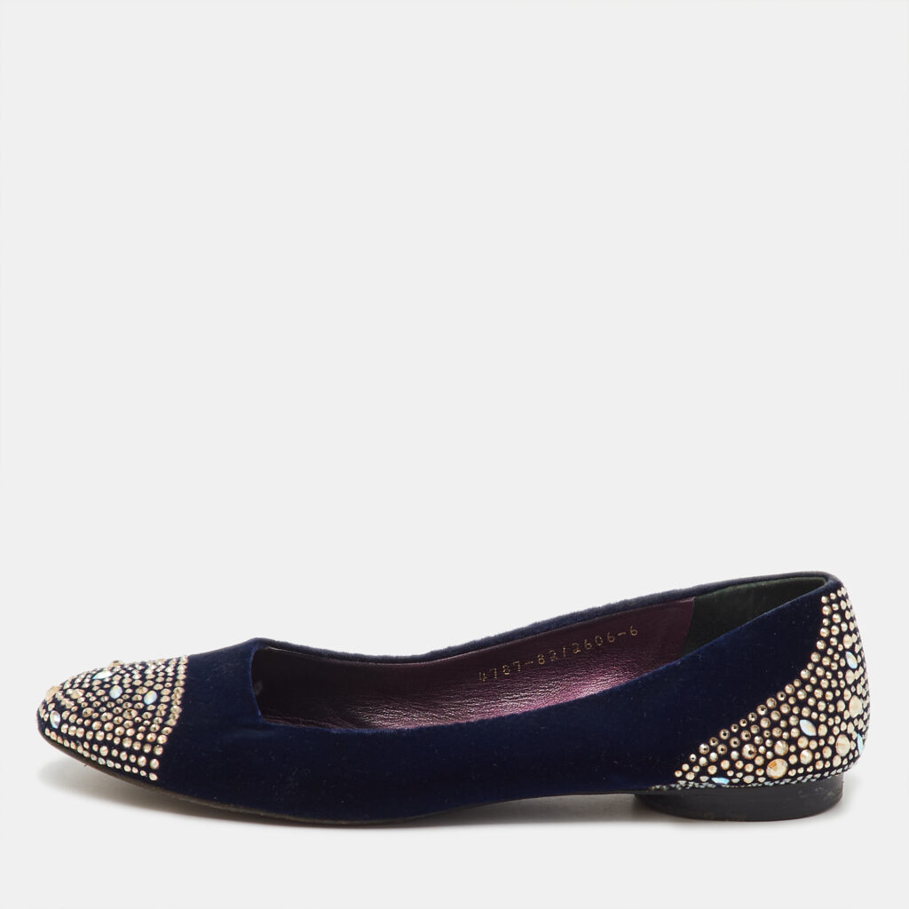 Gina Navy Blue Velvet Crystal Embellished Ballet Flats Size 39
